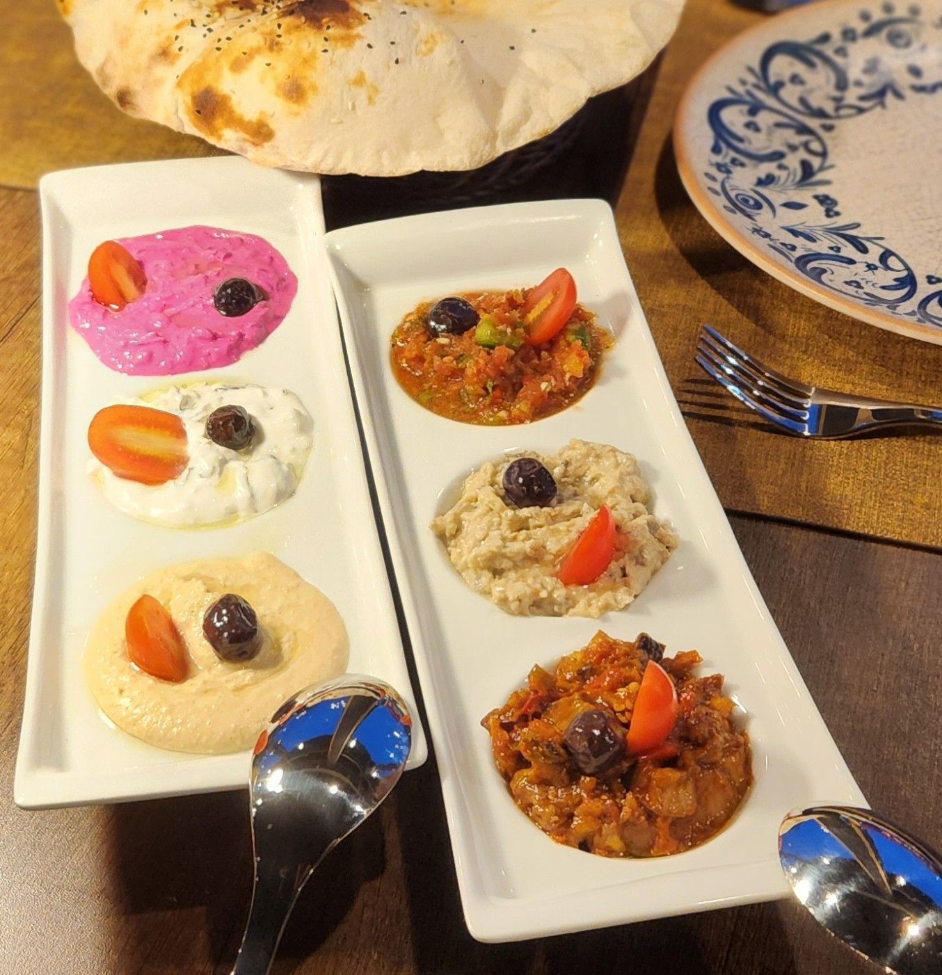 Six cold mezze on two long plates